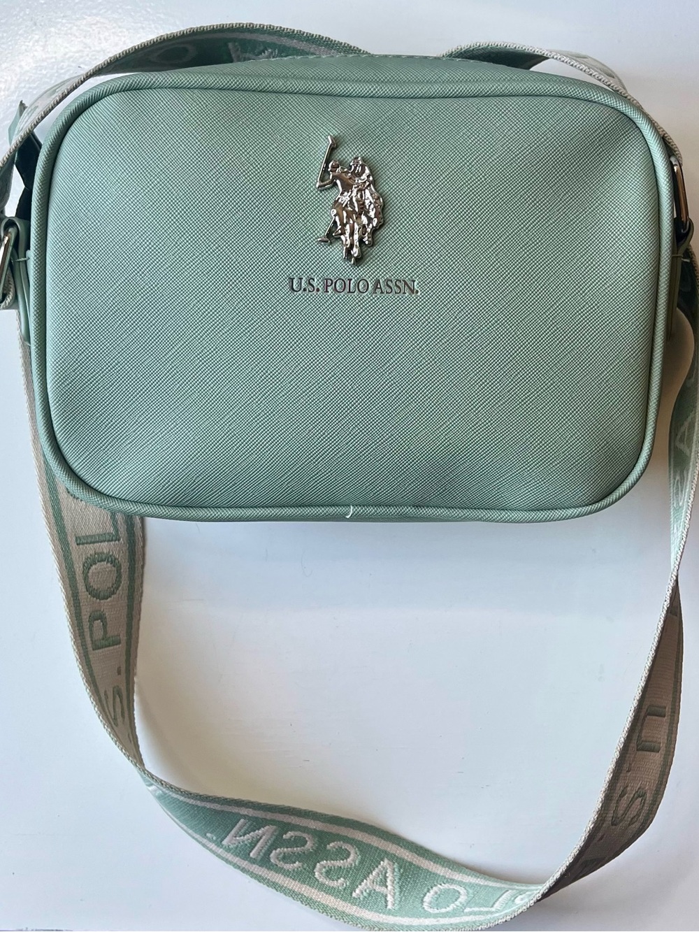 U.S. Polo Assn. Sage Green Camera Crossbody Bag Logo Strap EUC